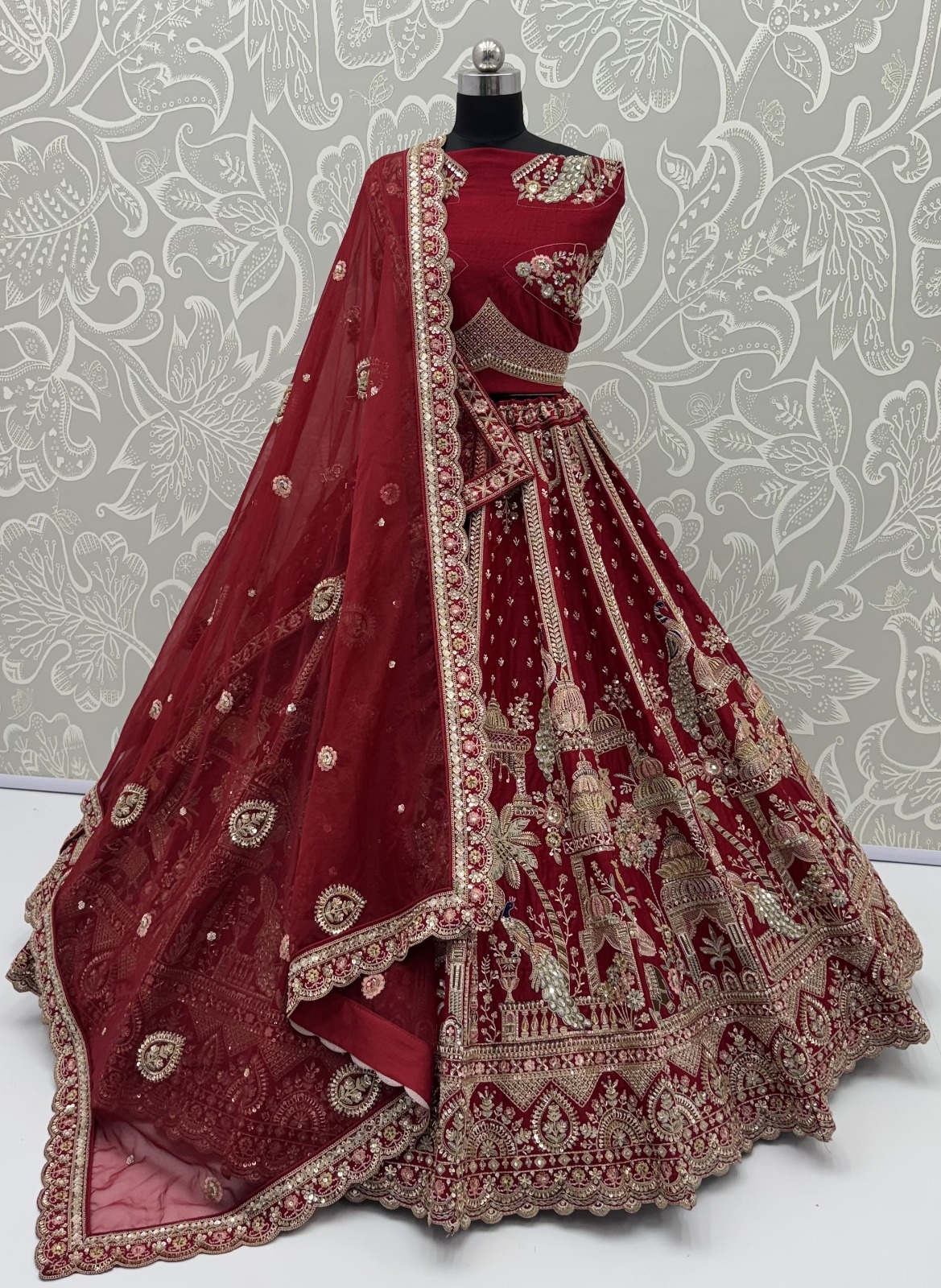 Maroon Bridal Cutdana-Work Embroidered Ethinc Motif Semi-Stitched Lehenga Choli